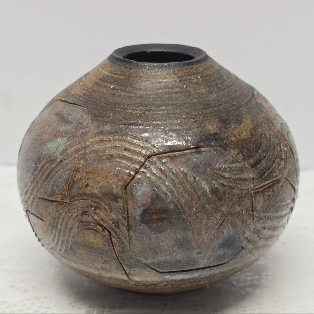 Vintage Studio Pottery Brown Textured Small Vase Rustic Cottage MCM Boho
